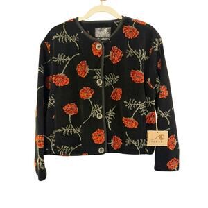 NWT Vintage Tsunami Floral Fleece Jacket Black with Orange Flowers sz. S